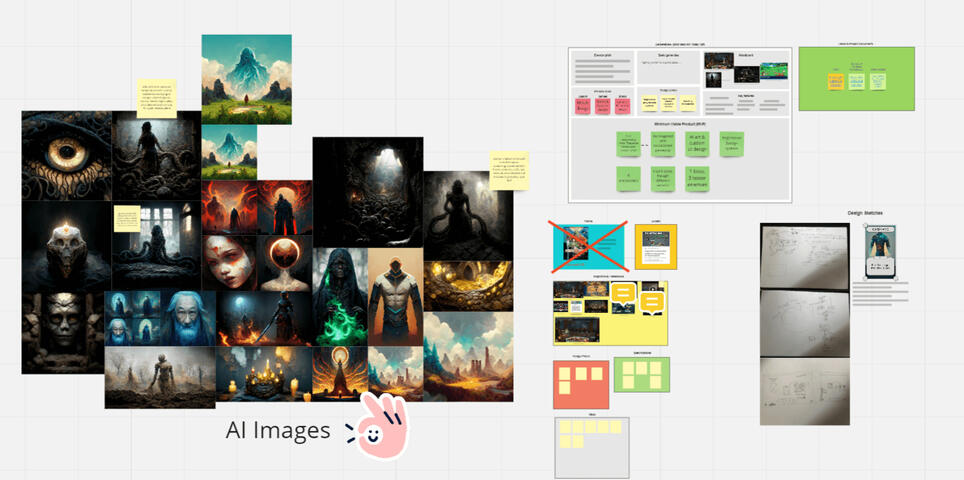 Preproduction was done for the most part in Miro, where we shared ideas, art, references and resources that we could freely discuss and iterate on.